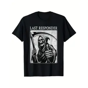 Last Responder Grim Reaper Graphic T-Shirt - Men's Vintage Distressed Cotton Tee, Black with White Print, Short Sleeve, Round Neck, Casual Retro Style for All Seasons