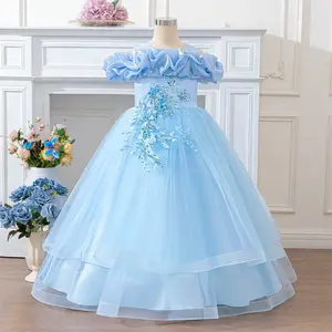 6-12Y Light Blue 620 Kids Clothes Flower Girls Princess Beading Embroidered Mesh Ball Gown Long Ball Gown Frock Children Formal Evening Party Banquet Pageant Prom Host Cocktail Dress