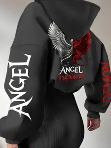 Fashionable Women's High-End Hooded Sweatshirt, Casual Pullover Hoodies, Angel Devil Print, Fleece Lined, Casual Outdoor Wear, Fall & Winter, Drop Shoulder Hooded, Loose-Fitting