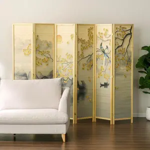 Paneled Bamboo Room Divider with Dual Sided Birds Gingko Biloba Tree Sunset Design, Freestanding Folding Privacy Screen