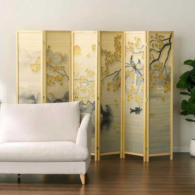 Paneled Bamboo Room Divider with Dual Sided Birds Gingko Biloba Tree Sunset Design, Freestanding Folding Privacy Screen