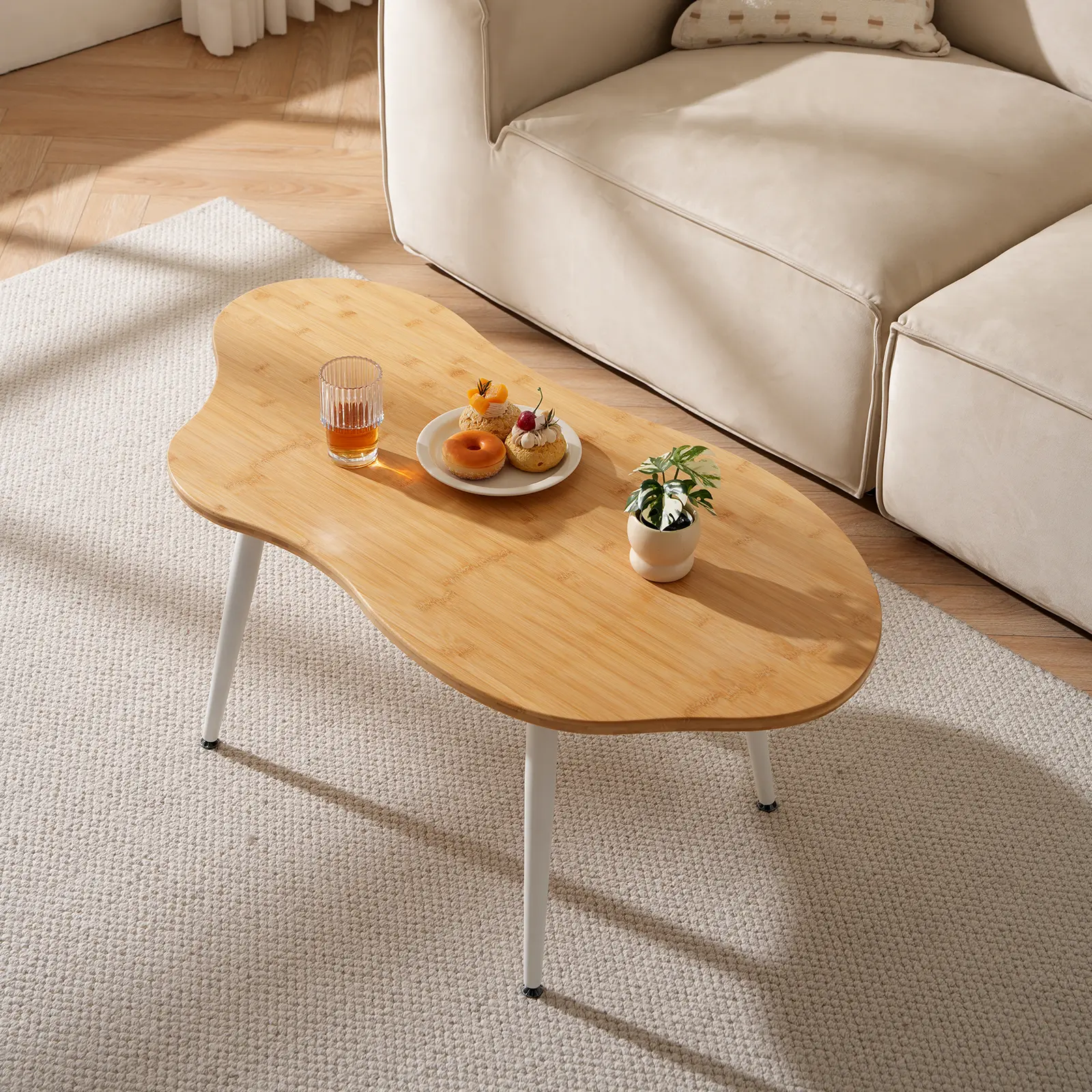 Cloud Coffee Table- Cute Tea Tables with Natural Bamboo, Solid Wood Coffee Tables, Modern Accent Sofa Center Table for Living Room & Office