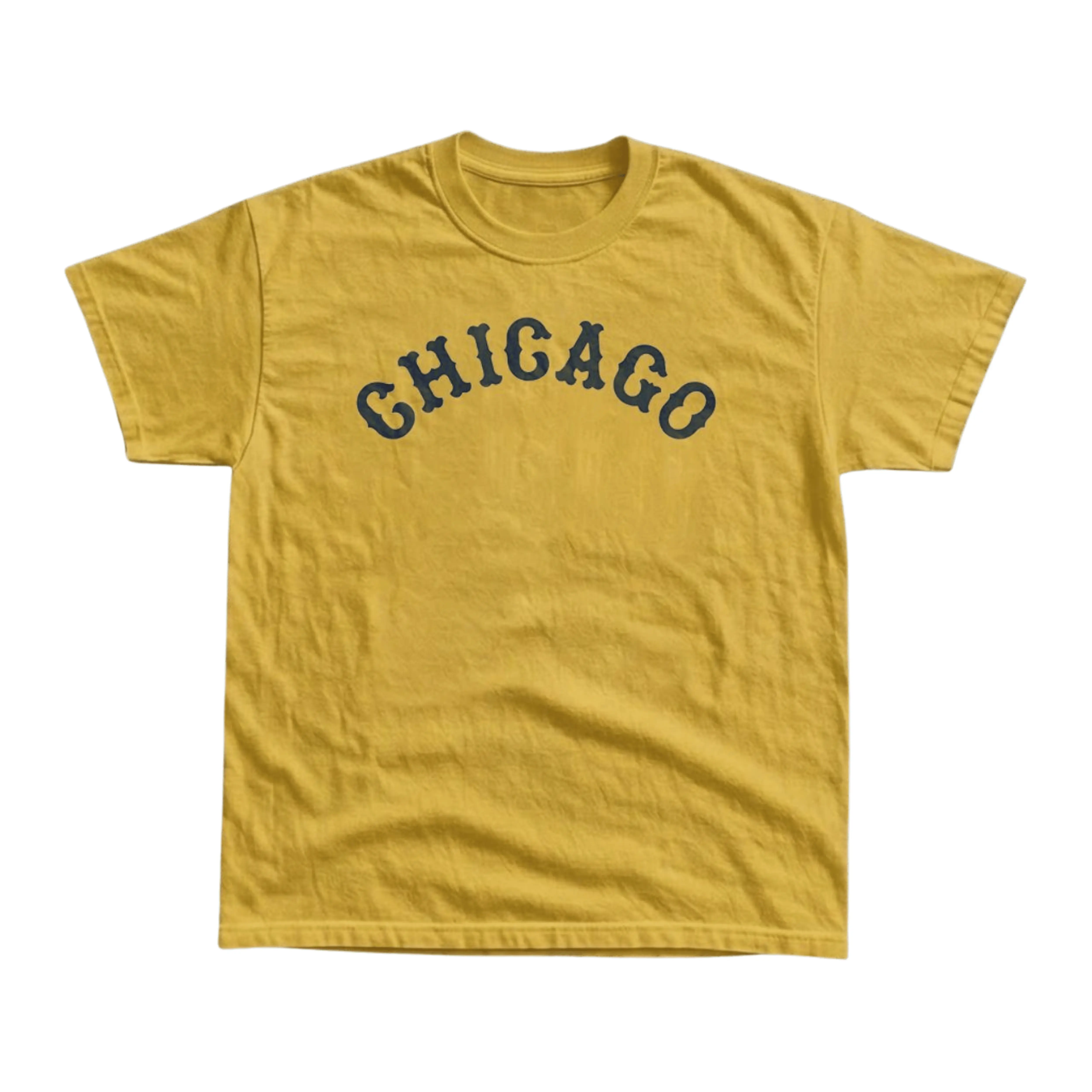 Gildan Men's and Women's T-Shirt, Vintage Style Chicago Graphic Tee, Distressed Collegiate Western Lettering Top, Retro Illinois City Souvenir Outfit, Y2K Grunge Streetwear, Mustard Yellow Shirt, Cool Travel Gift