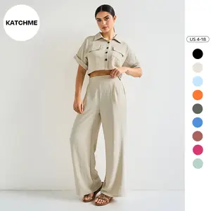 KatchMe Women's Casual Button Front Flap Pocket Blouse & Wide Leg Trousers Co-ord, Crop Short Sleeve Shirt & High Waist Pants Two-Piece Set