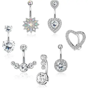 Jstyle 7Pcs 14G Belly Button Ring Dangle Cute Heart Sunflower Belly Button Rings for Women Surgical Stainless Steel Belly Rings Dangling Navel Rings CZ Round Body Belly Piercing Jewelry Pack Daily