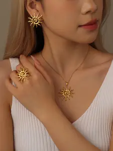 Stainless Steel Swirl Sun Necklace Ring Earrings Set for Women, Daily Wear Versatile Elegant Accessory, Fashion Jewelry