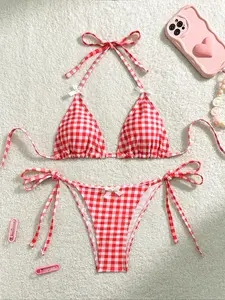 Women's Plaid Print Bow Decor Bikini Set, Halter Neck Tie Back Triangle Swim Bra & Tie Side Swim Panty, Ladies Summer Swimwear for Beach Holiday Vacation