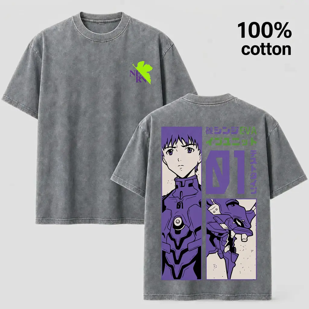 Oversized Neon Genesis Evangelion Shinji & Unit-01 Graphic Crew Neck Shortleeve Top - 100% Cotton Acid Wash Vintage Casual Anime Streetwear Sports Tee