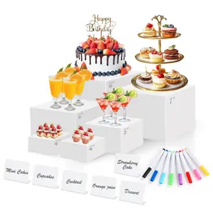 6PCS White Acrylic Buffet Risers with Mini Sign and Maker, Food Display Stands for Buffet Table Party Catering Dessert Jewelry Collectibles,Nesting Cube Boxes with Hollow Bottoms (8",7",6",5",4",4") summervibes