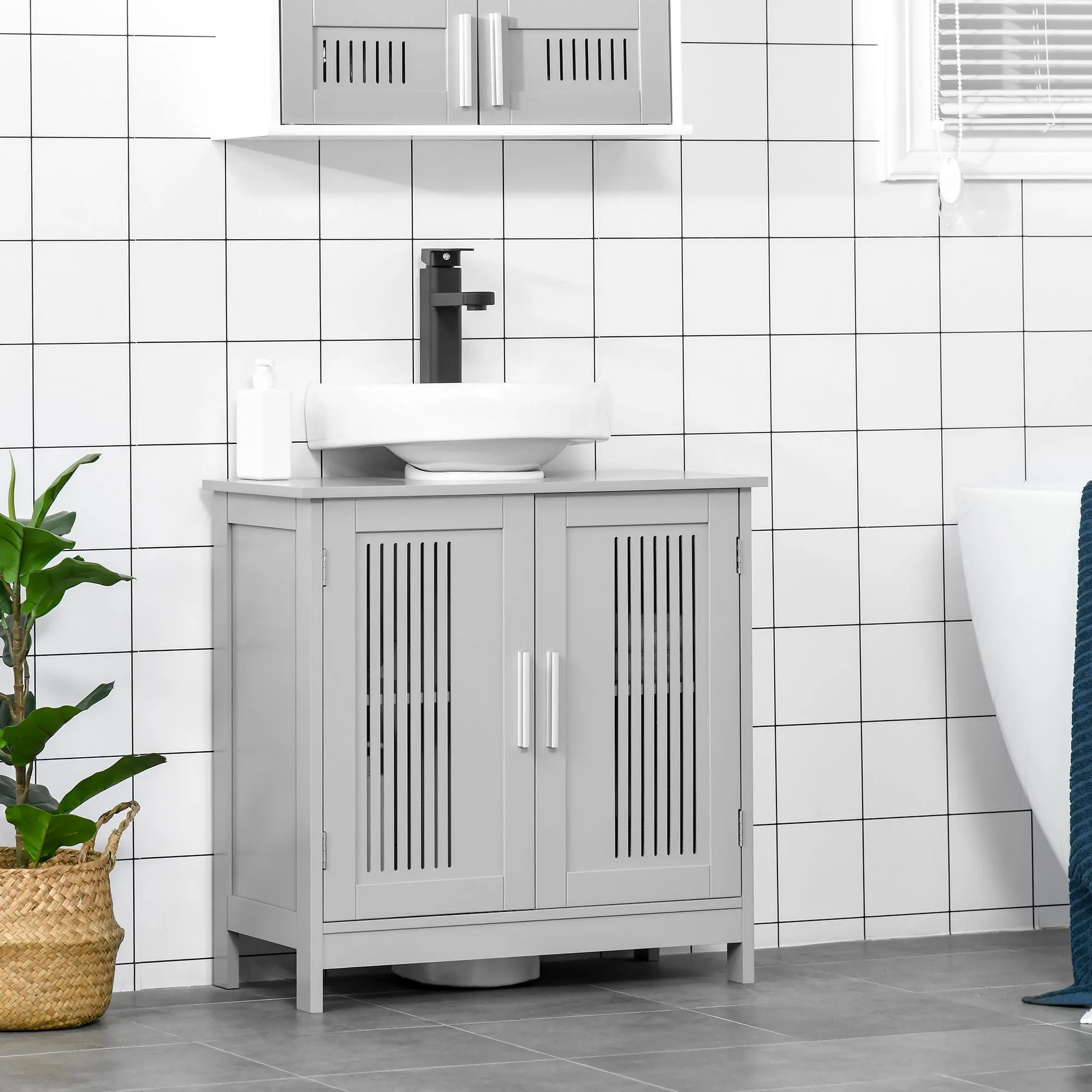 Likeshoppe Modern MDF Wood Rectangular Bathroom Storage Cabinet - 1 Single Under-Sink Pedestal Base Unit for Small Bathrooms, 1 Adjustable Shelf, U-Shaped Cut-Out, 22 lbs, 23.5×11.75×23.5 in, Requires Assembly, Rectangular Form