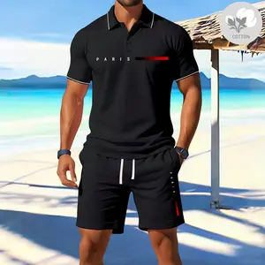 Men’s 2026 Fashion Novelty Casual Cotton Short-Sleeve Polo and Shorts Set — American Street Style, Paris Letter Print Design, Comfortable Breathable Lightweight Fabric for Surfing, Basketball, Running, Suitable for All Seasons, Premium Gift for Boyfriend/