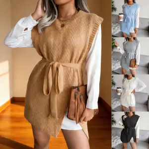 2026 Autumn Winter New Women's Casual Tie Vest Knit Dress with Belted Waist and Versatile Colors Womenswear Crewneck Long Sleeve Minimalist