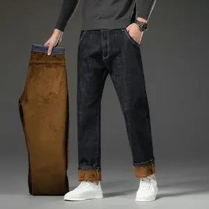 Men's Fleece Jeans Winter Thick Warm Straight Stretch Male Business Casual Work Denim Thicken Trousers
