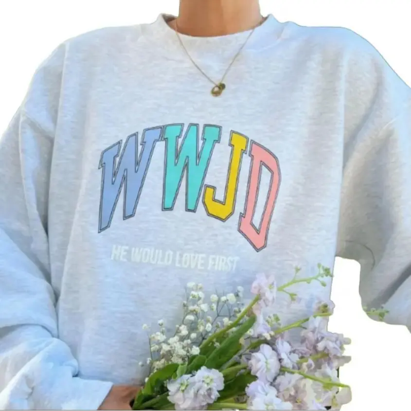 WWJD He Would Love First Sweatshirt, Christian Pullover Sweater, Faith-based Jesus Hoodie, Crew Neck, Long Sleeve, Cotton Blend, Gift for Believer Him Her, Unisex Religious Top
