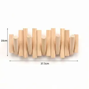 Nordic Solid Wood Wall Hook Rack, 5-Hook Natural Wood Coat & Hat Hanger, No-Drill Wall Mounted Organizer