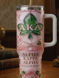 Alpha Kappa Alpha Tumbler with Handle – AKA Sorority Luxury Mug, Pink & Green Stainless Steel Cup, Perfect AKA Gift