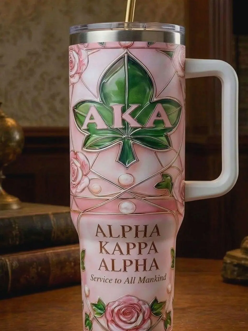 Alpha Kappa Alpha Tumbler with Handle – AKA Sorority Luxury Mug, Pink & Green Stainless Steel Cup, Perfect AKA Gift