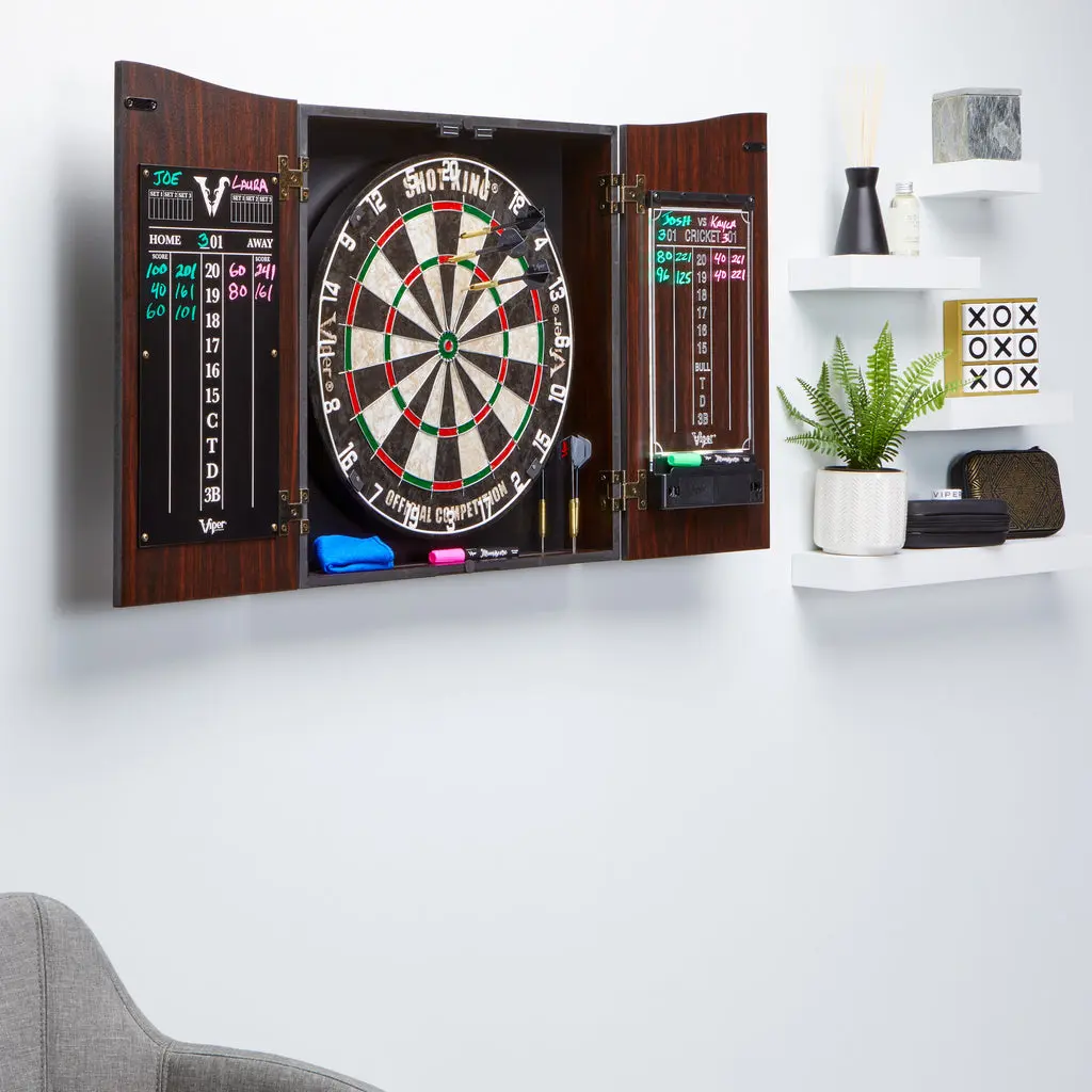 Viper 40-0381 Vault Deluxe Electronic Scoring Dartboard Cabinet Set with Shot King Sisal Dartboard & Illumiscore Scoreboard, Walnut Finish, Electronic Scoring Dartboards