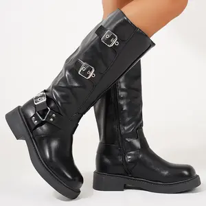 Knee High Boots Women Square Toe Pull On Wide Calf Riding Fashion Buckles Chunky Metallic Casual Vintage Buckle Rivet