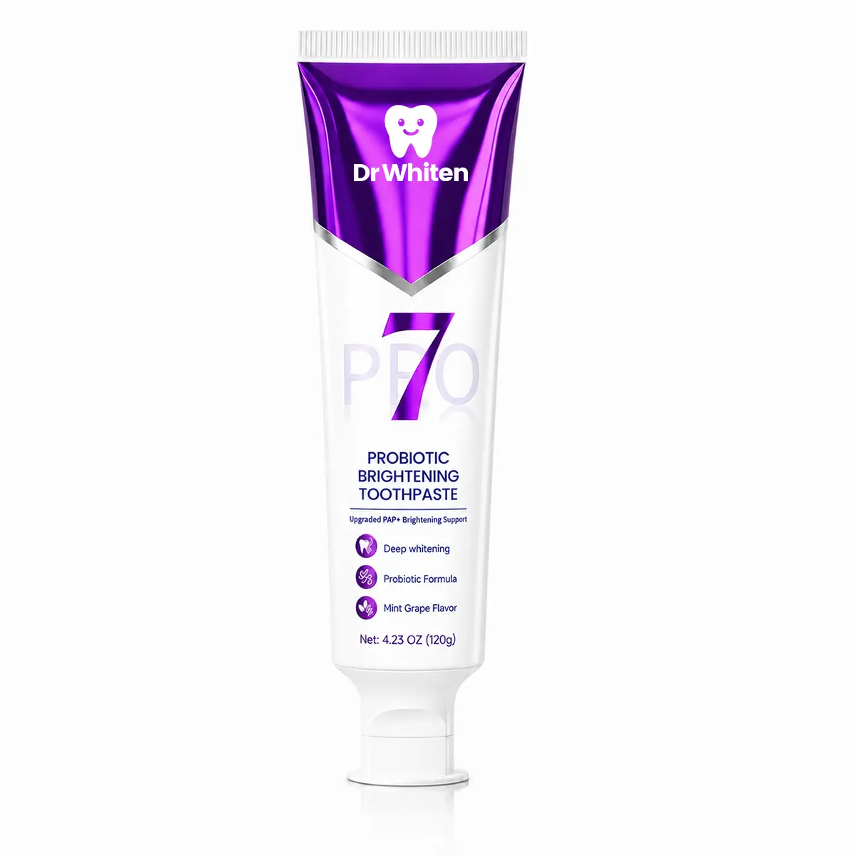 DrWhiten New 7-Pro Probiotic Purple Toothpaste | Fresh Breath & Color-Correcting Formula | Helps Balance Yellow Tones | Fluoride-Free, SLS-Free, Vegan | 4.23 oz