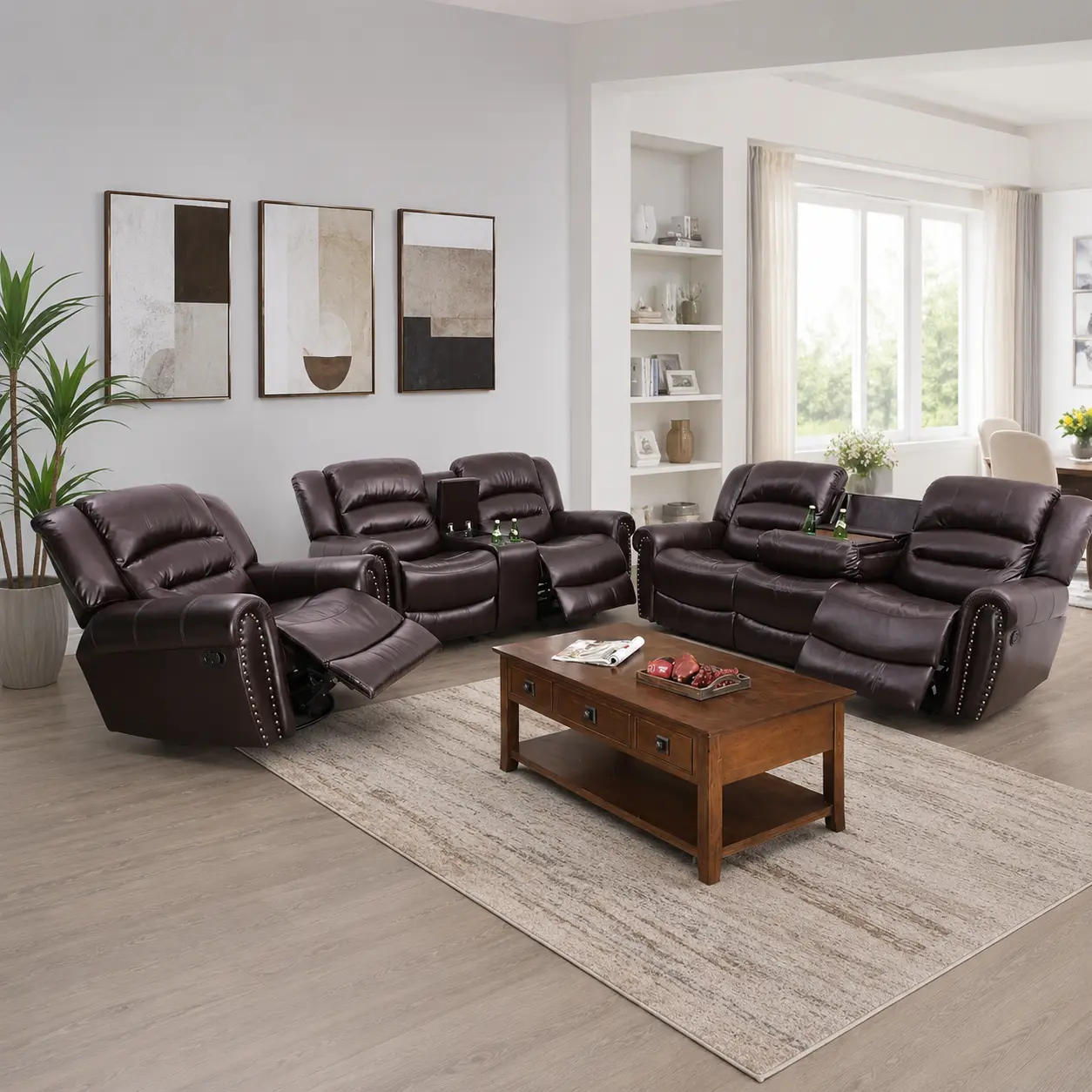 3 Piece Manual Recliner Sofa Set, Brown Leather Living Room Couch Set with Storage Console and Cup Holders