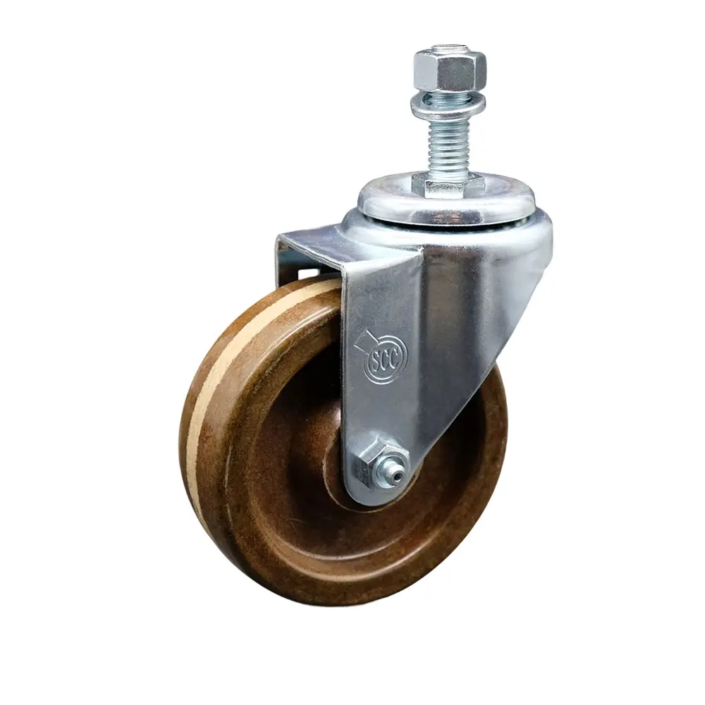 Service Caster SCC-TS20S414-PHRHT-121315 Industrial High-Temperature Phenolic Swivel Threaded Stem Caster - 4x1.25 in. Brown Furniture Moving Wheel, 0.5 in. Stem Mount, Roller Bearing, Impact-Resistant, for Bakery Racks