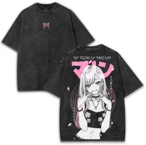 Marin Kitagawa My Dress-Up Darling Oversized Washed Tee With Pink Sakura Anime Back Art | Cute Waifu Collector Shirt Cotton Streetwear Unisex couple T-shirts Clothes Prin