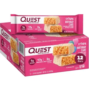 Quest Nutrition Crispy Birthday Cake Hero Protein Bar, 17g Protein, 1g Sugar, 2g Net Carbs, Gluten Free Protein Snack, Keto Friendly, 12 Count