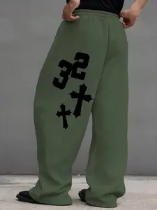 Men's Waist Drawstring Straight Leg Pants, Creative Number Cross Print, Comfortable Casual Daily Wear, Fall Winter Men's Pants