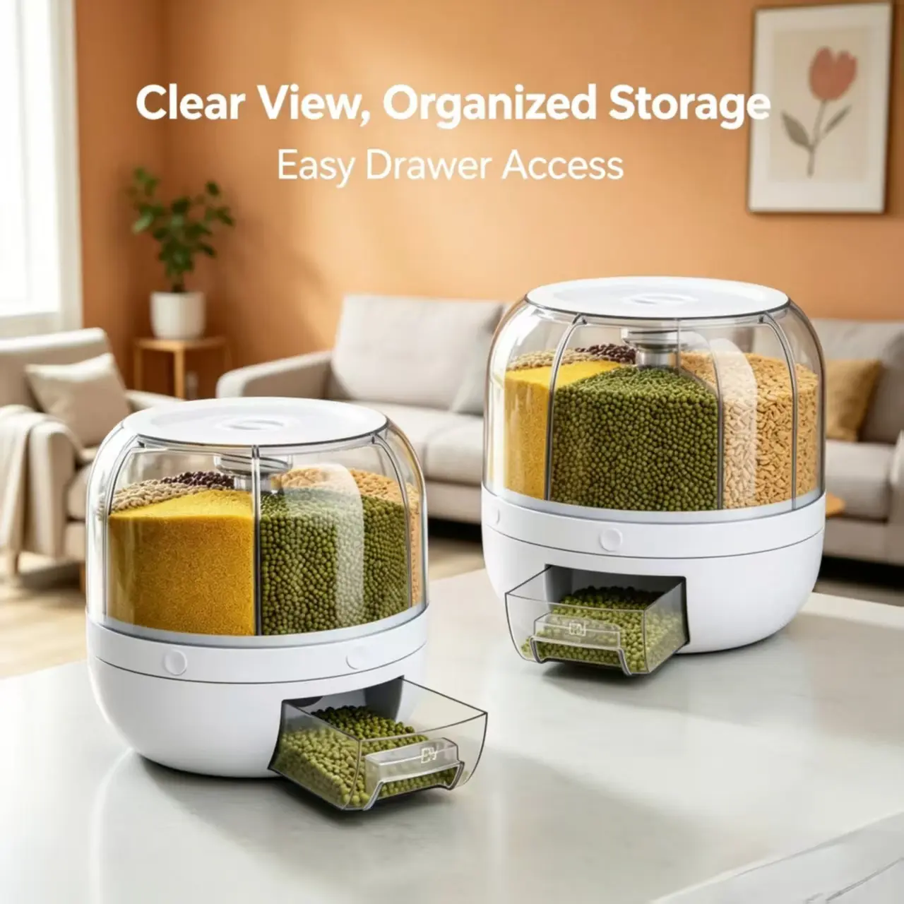 Rotatable sturdy transparent 6-grid kitchen grain storage box, moisture-proof storage box, 360° rotatable kitchen storage box, suitable for rice, millet, green beans, soybeans space-saving dry food storage container