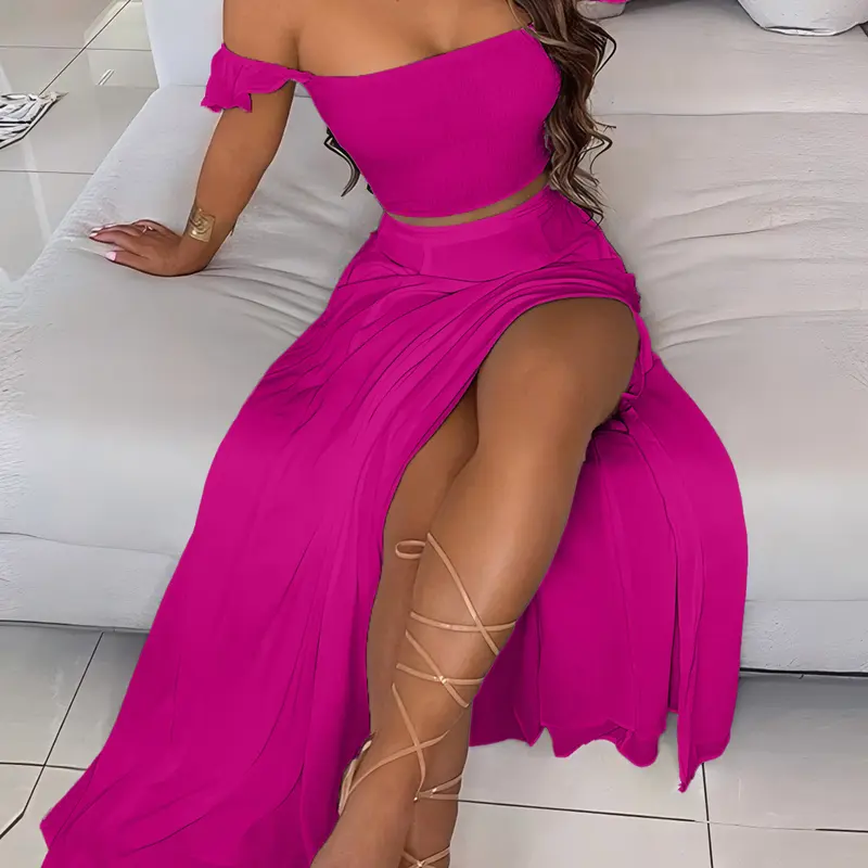 Women's Elegant Chic Slim Fit Crop Top & Skirt Set Outfit, High-Waisted Elastic Design, Split-Thigh Short Sleeves, Summer Fashion Clothes