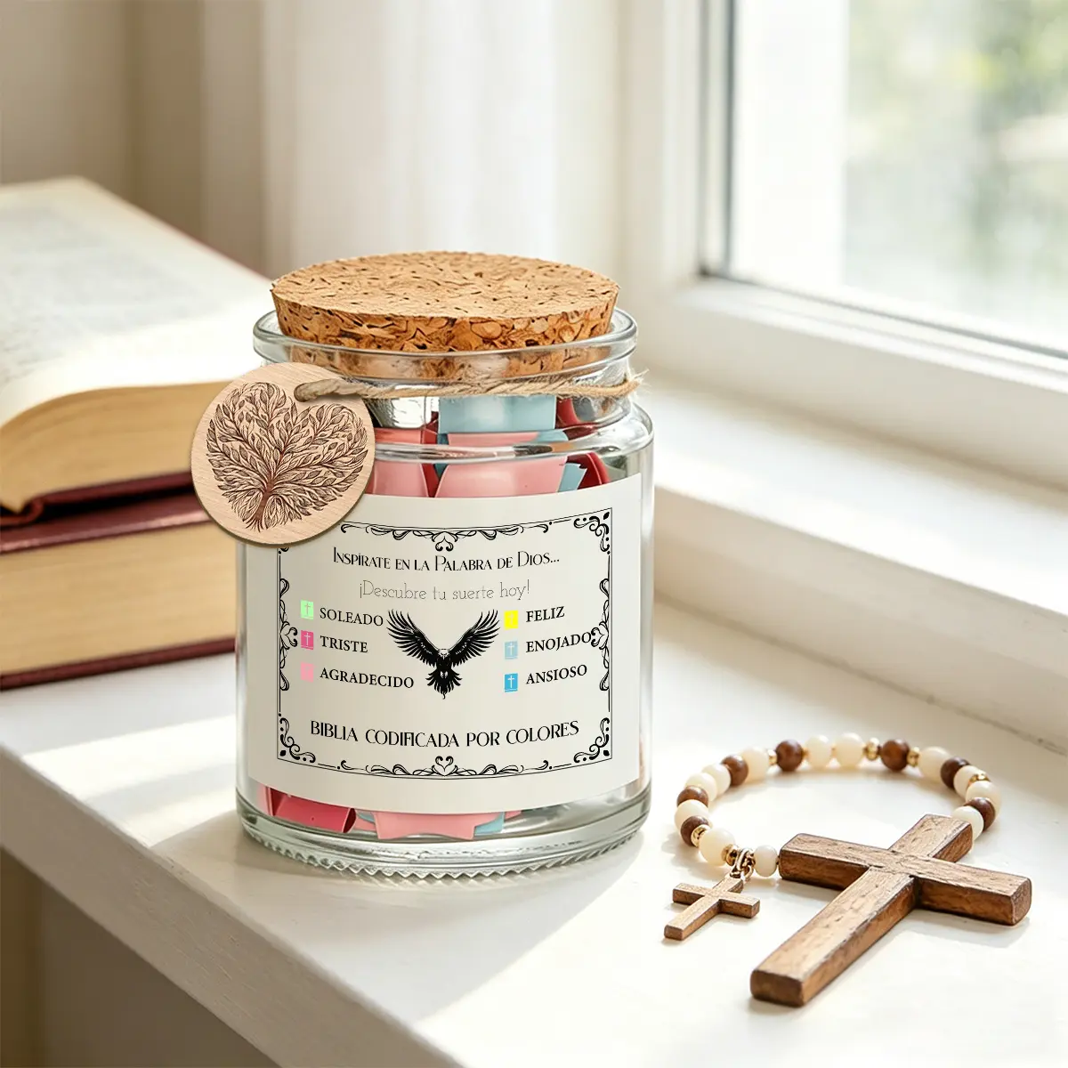 1 Set Spanish Emotional Bible Verse Jar with Color Coded Scripture Cards, Inspirational God’s Word Notes in Spanish for Different Moods, Christian Religious Gift, Eagle Print & Heart Tree Charm, Cork Lid Glass Prayer Jar