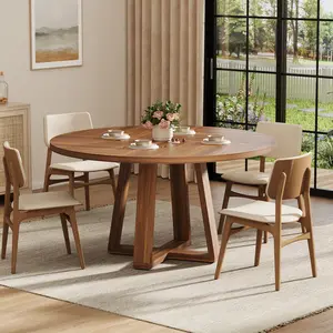 OUTGOODS Modern Farmhouse Round Dining Table for 4-6 – 47" Wood Kitchen & Dining Room Table with Sturdy Wooden Cross Base, Space-Saving for Apartment or Living Room