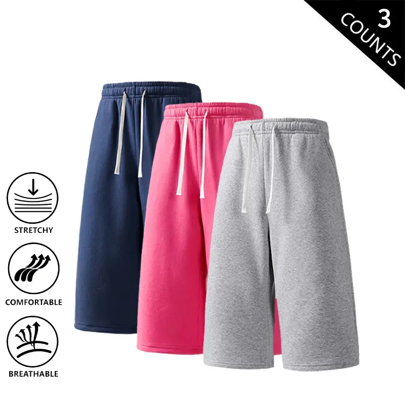 Men’s 3-Pack Knee-Length Sweat Shorts – Casual Loose Fit, Drawstring Elastic Waist, Comfortable Athletic Shorts for Gym, Running, Basketball
