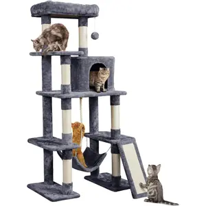 Large Multi-Level Cat Tree, 63 Inches Tall with Sisal-Covered Scratching Posts, Condo, Hammock, Dangling Ball, and Extended Platform for Cats to Play and Sleep