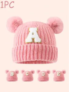 Cute Baby Knitted Hat with Letter Decoration, Soft Warm Knitting Beanie for Kids, Casual Fashion Accessory for Fall & Winter, Perfect Gift (0-3y)