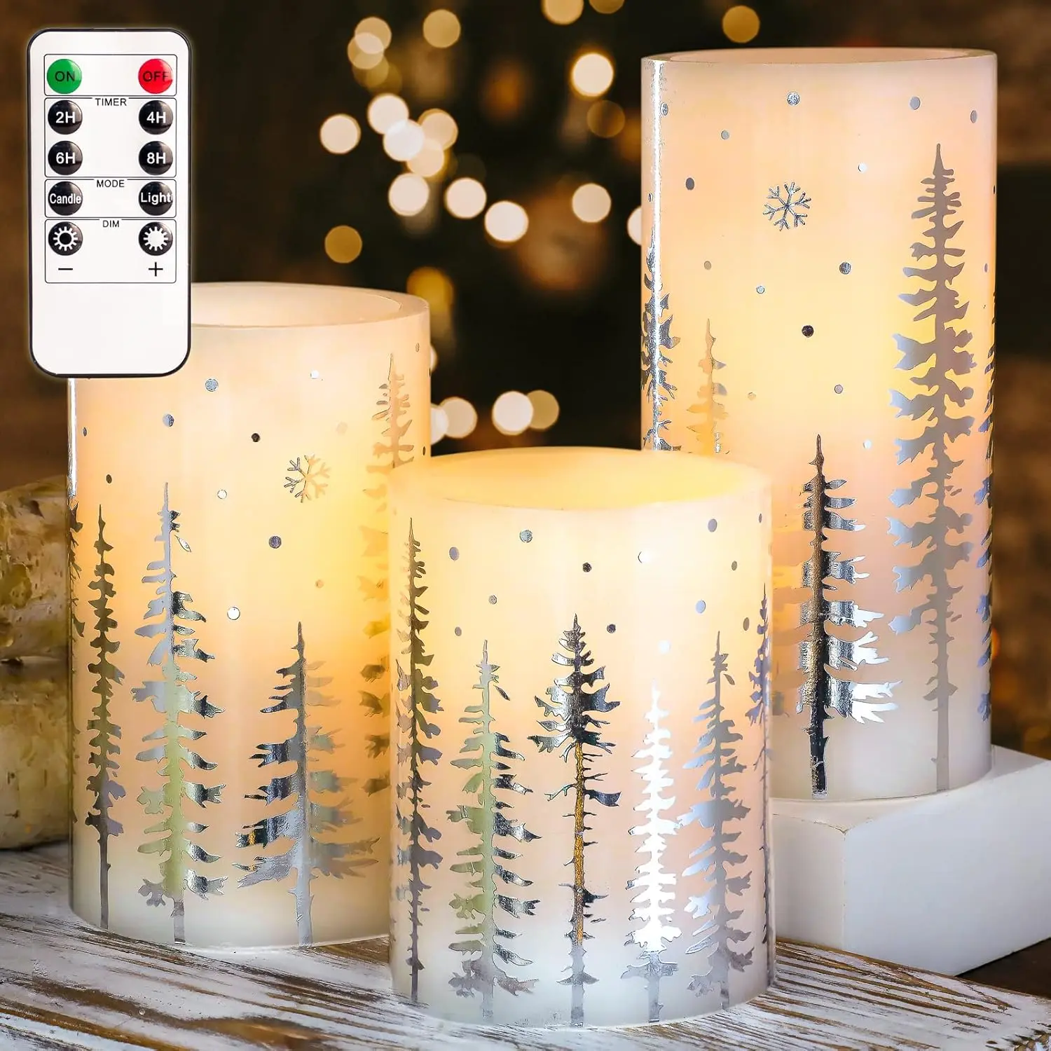 Flameless Plastic Pillar Candles, Battery-Operated LED Flickering Single Candle with Remote & Timer, Hot-Stamping Silver Xmas Tree Decal, Dining Room & Holiday Decor (Batteries Included)