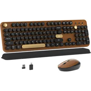 Colorful   Keyboard and  Combo with Round Typewriter Keycaps, Retro Design, Power ,  Design, 2.4GHz  for Windows, , PC(Black-Brown)