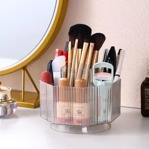 360 ° Rotating Makeup Brush Holder Cosmetic Display Case Clear Makeup Lip Gloss Organizer Case with 5 Slots Round Turntable Storage Tray for Vanity, Bathroom, Counter Organizer Clear White