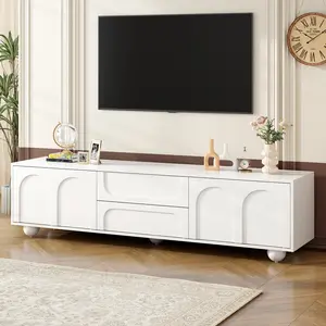 Cream Style TV Stand with Arched Doors & 2 Drawers for TVs up to 75", Minimalist Media Console with Rebound Device, Entertainment Center with 5 Iron Round Legs for Living Room, Bedroom