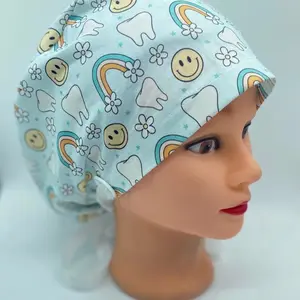 Euro Rainbow Dental scrub cap with smiley faces and teeth for dental professionals to protect and cover hair.