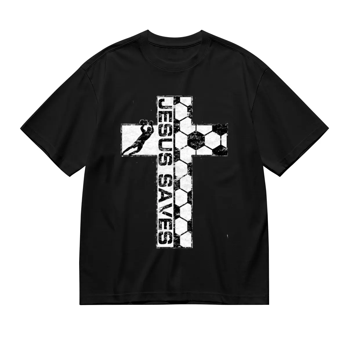 "Jesus Saves" Soccer Cross Graphic T-Shirt, Christian Goalie Football Tee