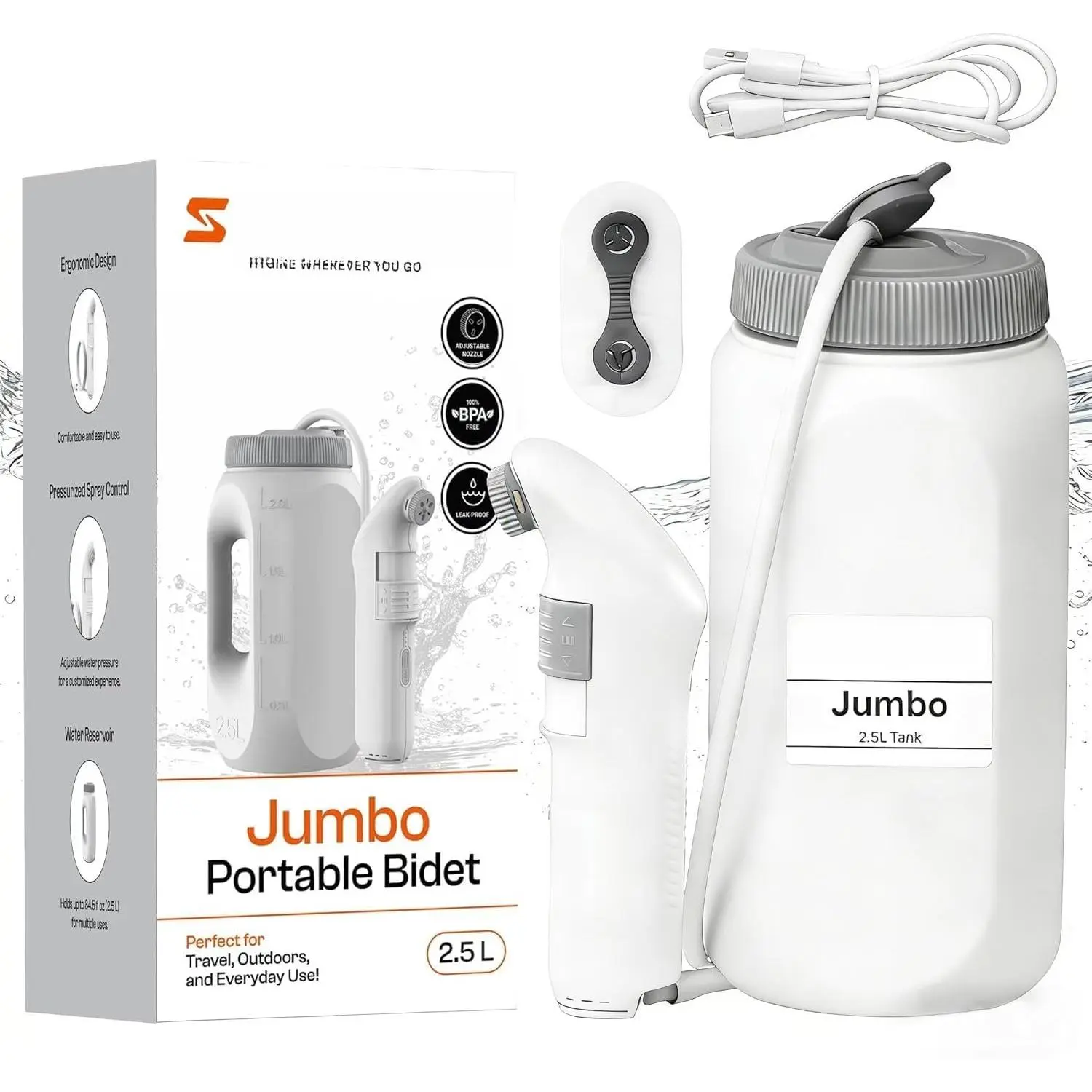 Portable Bidet for Travel &  - Electric High  Rechargeable Bidet for Women & Men | 2.5L Bottle | 1300ML/Min Flow | USB-C | 1600mAh  |  Brand -  Mate  (White)