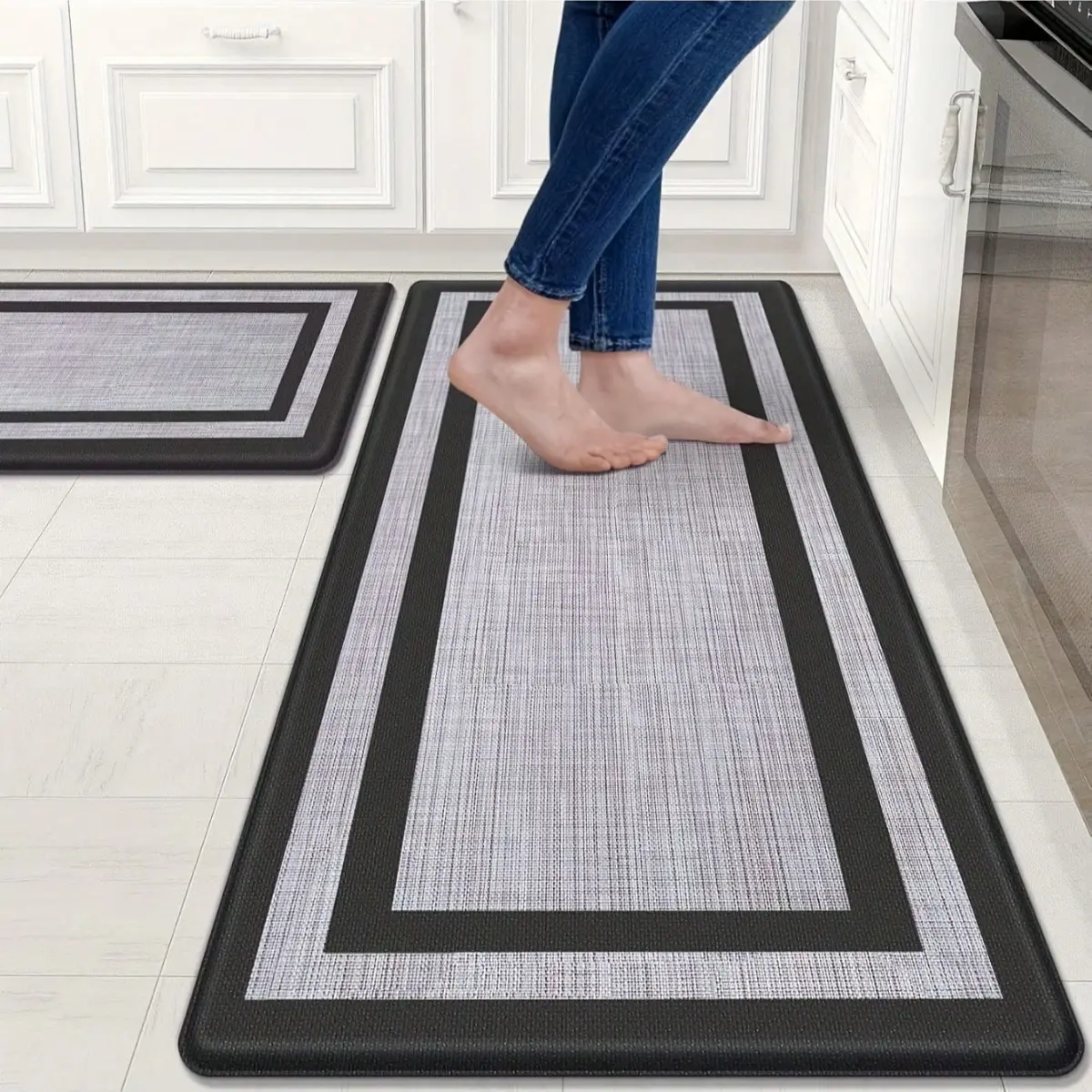 2 Pack Modern Simple Black Runner Floor Mat, Anti Slip Durable Long Strip Kitchen Rug,Bath Mat  Washable Doormat for Hallway Bathroom Indoor Walkways Outdoor Passages
