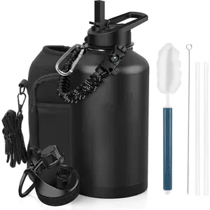 Stainless Steel Insulated Water Bottle 64 oz Triple Wall Leak Proof BPA-Free Half Galon with Reflective Paracord & Flip Straw Black Tumbler Mug Portable Drinkware Flasks Bottled Outdoor, Beverage, Insulation outdoorfun, Sport Bottle