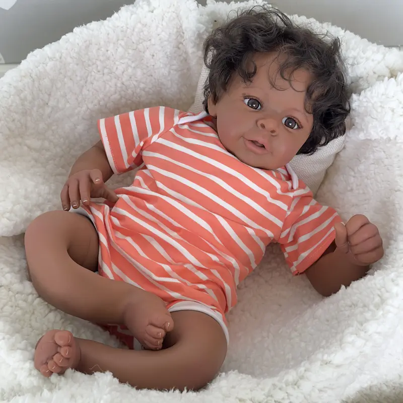 Reborn African American Reborn Doll 20 Inch 50 cm Black Baby Dolls Newborn Baby, Lighter Brown Skin Silicone Reborn Toddler Dolls with Curly Hair Gift for Age3+