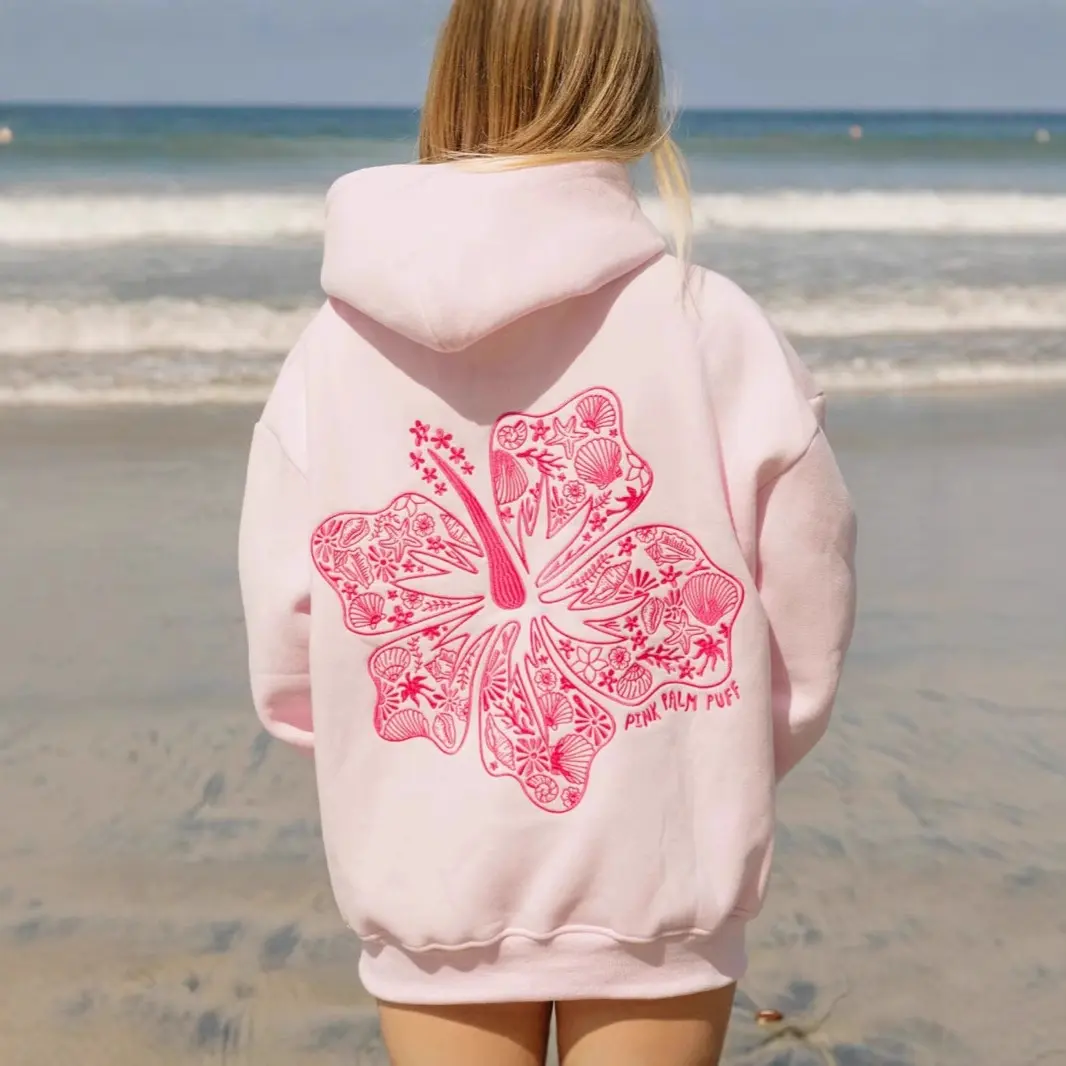 Pink Hoodie with Floral Design for Women  European & American Style Casual Embroidered Sweatshirt