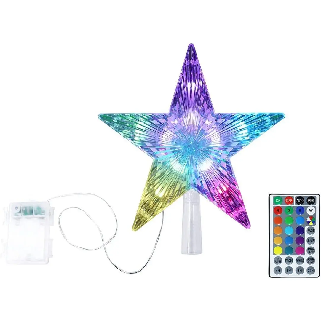 Christmas Star Tree Topper 9.5inch 17 Colors 8 Dynamic Modes with Versatile Remote Controller 3AA Battery Powered for Christmas Tree Décor