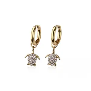 CZ Crystal Turtle Dangling Huggie Hoop Earrings - Pair - 316L Stainless Steel
