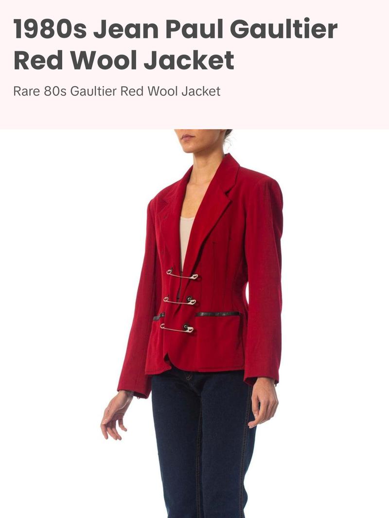 1980S JEAN PAUL GAULTIER Red Wool Very Rare Jacket With Leather And Oversized Safety Pin Details